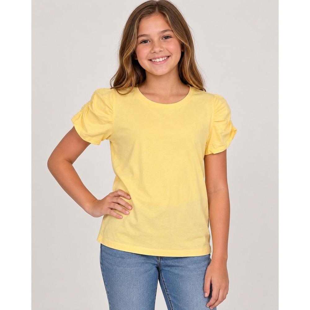 Lilly Pulitzer Girls XL 12-14 Yellow Puff Sleeve Crew Neck T-Shirt Logo Cotton